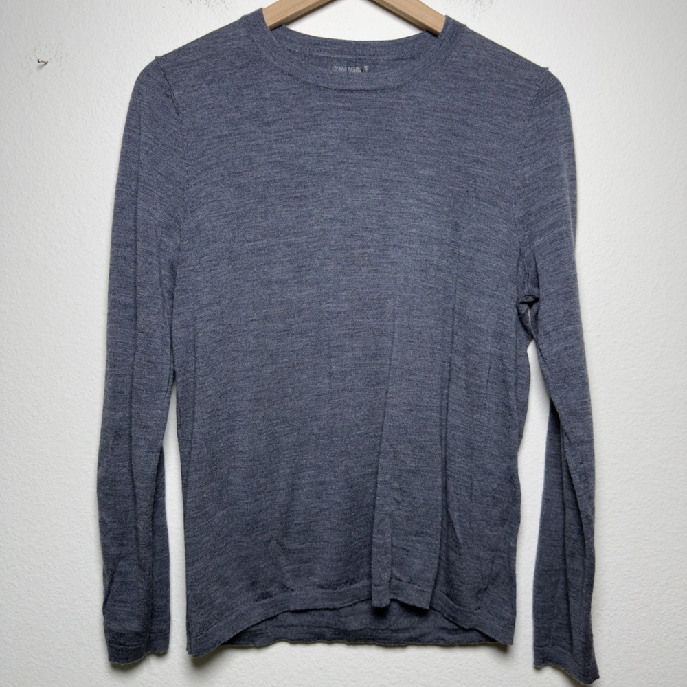 CHANYARN Women 100% Superfine Merino Wool Sweater L Blue Crewneck Long Sleeve